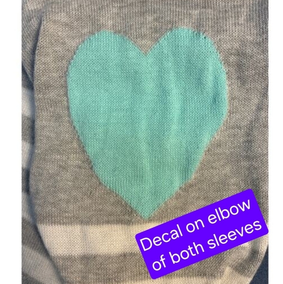 Time And Tru Gray And White Striped Women's Sweater with Teal Hearts On Sleeves - Picture 3 of 6